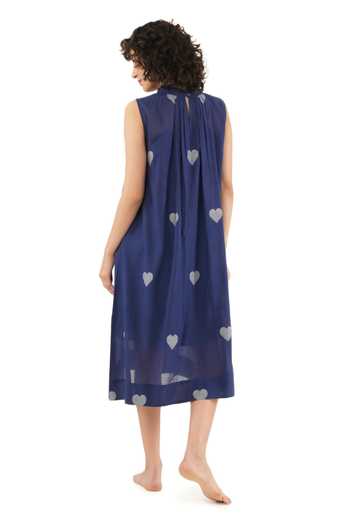 Shop_Khat_Blue Handloom Cotton High Neck Handwoven Heart Pattern Dress _at_Aza_Fashions