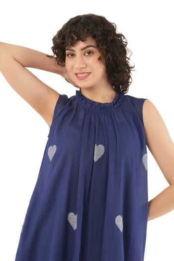 Buy_Khat_Blue Handloom Cotton High Neck Handwoven Heart Pattern Dress 