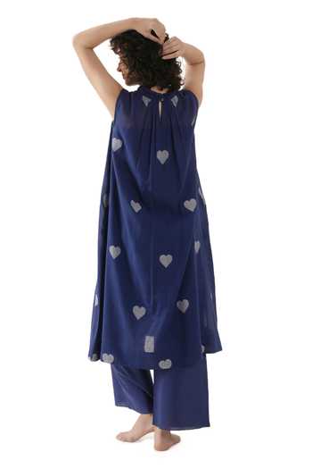 Shop_Khat_Blue Handloom Cotton Round Neck, Yes Hand Woven Jamdani Kurta Set 