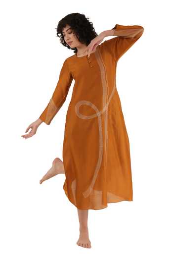 Shop_Khat_Orange Chanderi Silk Embroidery Round Neck Dress _at_Aza_Fashions