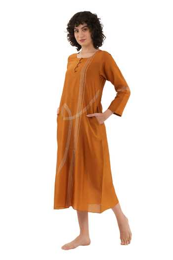 Khat_Orange Chanderi Silk Embroidery Round Neck Dress _Online_at_Aza_Fashions