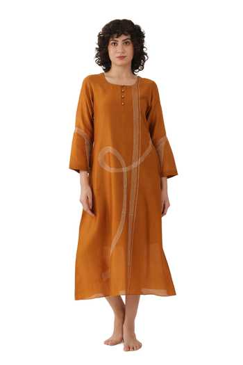 Buy_Khat_Orange Chanderi Silk Embroidery Round Neck Dress _at_Aza_Fashions