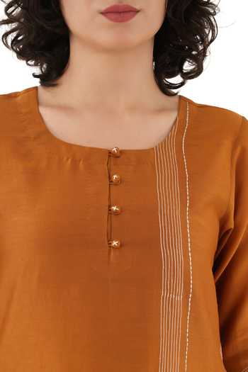 Buy_Khat_Orange Chanderi Silk Embroidery Round Neck Dress _Online_at_Aza_Fashions