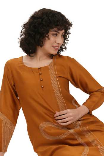 Khat_Orange Chanderi Silk Embroidery Round Neck Dress _at_Aza_Fashions