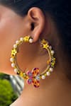 KIHOY_Yellow Pearls, Fabric Flowers Butterfly Embroidered Hoop Earrings _Online_at_Aza_Fashions