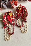 Shop_KIHOY_Red Embroidery, Sequins, Beads, Pearls, Cut Work 3d Leaf Shaped Earrings _at_Aza_Fashions