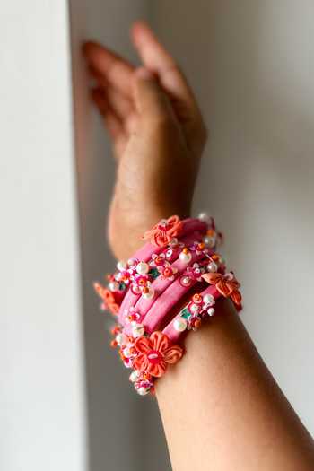 KIHOY_Pink Sequins, Beads, Pearls, Fabric Floral Hand Embroidered Bangles - Set Of 5 _Online_at_Aza_Fashions
