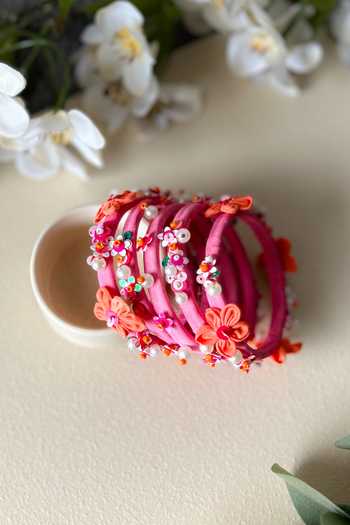 Shop_KIHOY_Pink Sequins, Beads, Pearls, Fabric Floral Hand Embroidered Bangles - Set Of 5 _at_Aza_Fashions