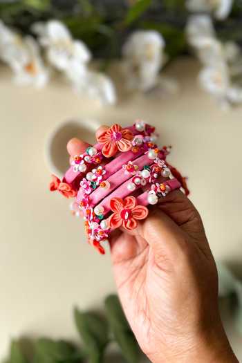 Buy_KIHOY_Pink Sequins, Beads, Pearls, Fabric Floral Hand Embroidered Bangles - Set Of 5 _Online_at_Aza_Fashions