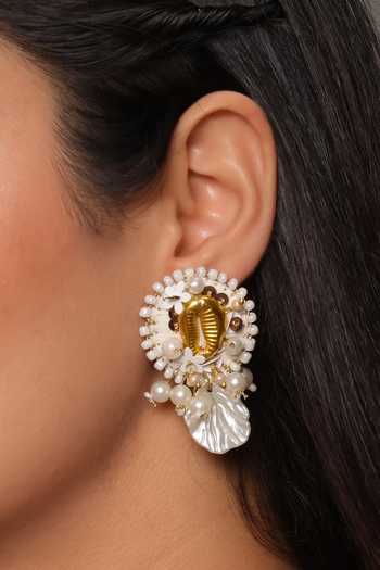 Buy_KIHOY_Ivory Sequins, Beads, Pearls Golden Shell Embellished Earrings _at_Aza_Fashions
