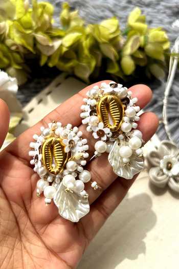 Shop_KIHOY_Ivory Sequins, Beads, Pearls Golden Shell Embellished Earrings _at_Aza_Fashions