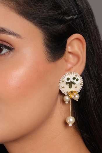 Buy_KIHOY_Ivory Embroidery, Sequins, Pearls Floral Drop Earrings _at_Aza_Fashions
