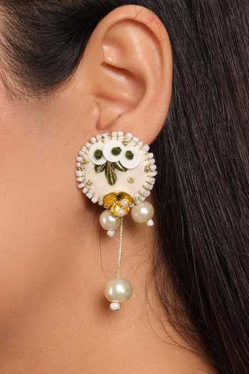Shop_KIHOY_Ivory Embroidery, Sequins, Pearls Floral Drop Earrings _at_Aza_Fashions