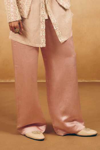 MUKTI AND KAVITH CASA_Pink Georgette, Satin, Linen Embroidery, Beads Floral Jacket And Kurta Set _Online_at_Aza_Fashions