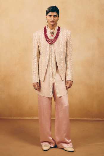 Buy_MUKTI AND KAVITH CASA_Pink Georgette, Satin, Linen Embroidery, Beads Floral Jacket And Kurta Set _Online_at_Aza_Fashions