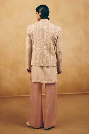 Shop_MUKTI AND KAVITH CASA_Pink Georgette, Satin, Linen Embroidery, Beads Floral Jacket And Kurta Set _at_Aza_Fashions
