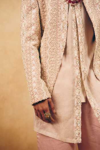 Shop_MUKTI AND KAVITH CASA_Pink Georgette, Satin, Linen Embroidery, Beads Floral Jacket And Kurta Set _Online_at_Aza_Fashions