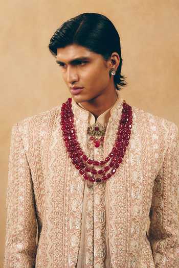 MUKTI AND KAVITH CASA_Pink Georgette, Satin, Linen Embroidery, Beads Floral Jacket And Kurta Set _at_Aza_Fashions