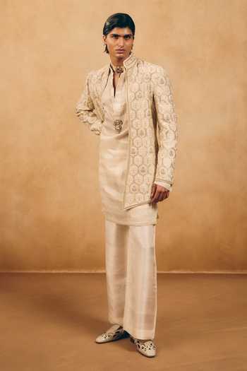 MUKTI AND KAVITH CASA_Ivory Chanderi, Cotton, Satin, Linen Embroidery, Hexagon Jacket And Kurta Set _Online_at_Aza_Fashions