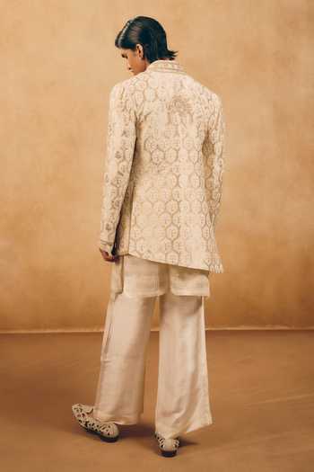 Shop_MUKTI AND KAVITH CASA_Ivory Chanderi, Cotton, Satin, Linen Embroidery, Hexagon Jacket And Kurta Set _at_Aza_Fashions