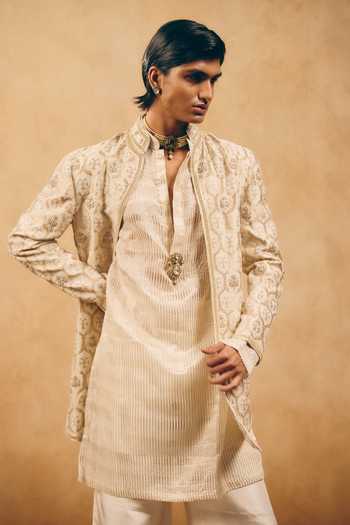 Buy_MUKTI AND KAVITH CASA_Ivory Chanderi, Cotton, Satin, Linen Embroidery, Hexagon Jacket And Kurta Set _Online_at_Aza_Fashions