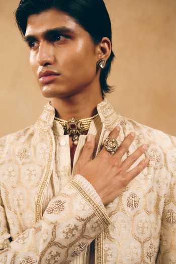 Shop_MUKTI AND KAVITH CASA_Ivory Chanderi, Cotton, Satin, Linen Embroidery, Hexagon Jacket And Kurta Set _Online_at_Aza_Fashions