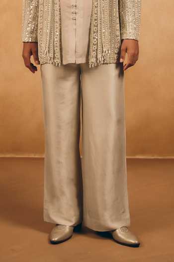 MUKTI AND KAVITH CASA_Beige Net, Organza, Satin, Linen Tassels Stripe Embroidered Jacket And Kurta Set _Online_at_Aza_Fashions