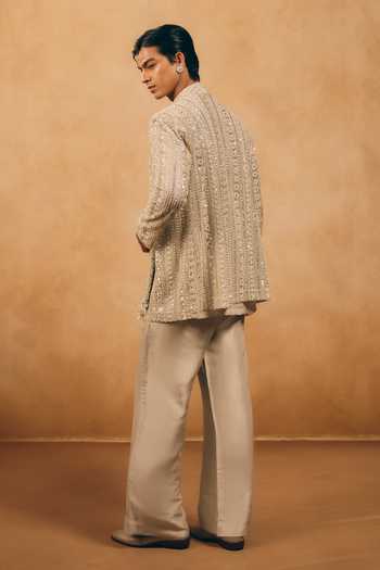Shop_MUKTI AND KAVITH CASA_Beige Net, Organza, Satin, Linen Tassels Stripe Embroidered Jacket And Kurta Set _at_Aza_Fashions