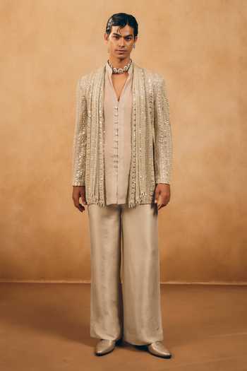 Buy_MUKTI AND KAVITH CASA_Beige Net, Organza, Satin, Linen Tassels Stripe Embroidered Jacket And Kurta Set _at_Aza_Fashions