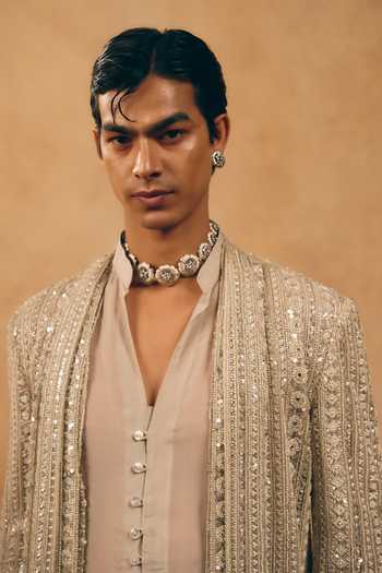 Buy_MUKTI AND KAVITH CASA_Beige Net, Organza, Satin, Linen Tassels Stripe Embroidered Jacket And Kurta Set _Online_at_Aza_Fashions