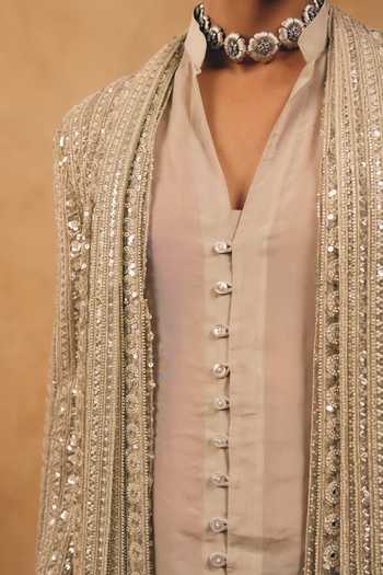 Shop_MUKTI AND KAVITH CASA_Beige Net, Organza, Satin, Linen Tassels Stripe Embroidered Jacket And Kurta Set _Online_at_Aza_Fashions