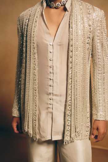 MUKTI AND KAVITH CASA_Beige Net, Organza, Satin, Linen Tassels Stripe Embroidered Jacket And Kurta Set _at_Aza_Fashions