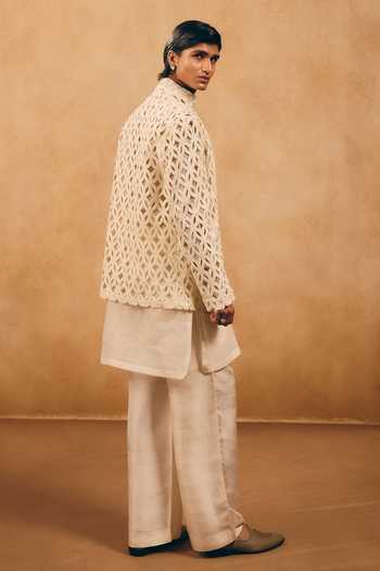 Shop_MUKTI AND KAVITH CASA_Ivory Satin, Linen Cut Work Pattern Jacket And Kurta Set _at_Aza_Fashions