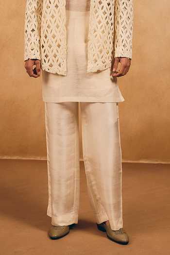 Buy_MUKTI AND KAVITH CASA_Ivory Satin, Linen Cut Work Pattern Jacket And Kurta Set _Online_at_Aza_Fashions