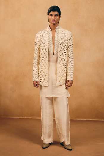 Buy_MUKTI AND KAVITH CASA_Ivory Satin, Linen Cut Work Pattern Jacket And Kurta Set _at_Aza_Fashions