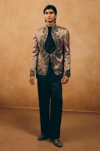 Buy_MUKTI AND KAVITH CASA_Black Organza, Chanderi, Satin, Linen Embroidery, Paisley Jacket Palazzo Set _at_Aza_Fashions