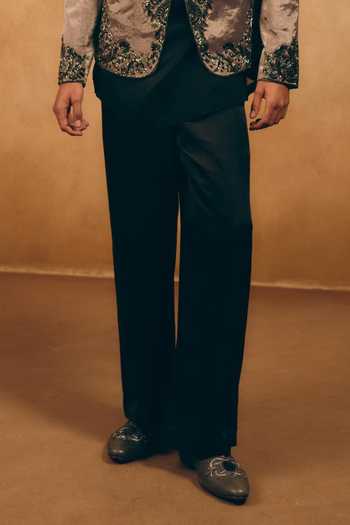 MUKTI AND KAVITH CASA_Black Organza, Chanderi, Satin, Linen Embroidery, Paisley Jacket Palazzo Set _Online_at_Aza_Fashions