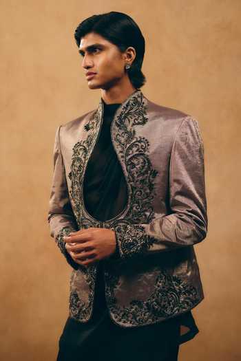 Buy_MUKTI AND KAVITH CASA_Black Organza, Chanderi, Satin, Linen Embroidery, Paisley Jacket Palazzo Set _Online_at_Aza_Fashions