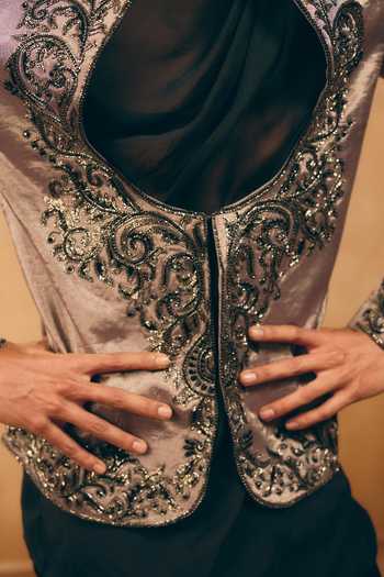 Shop_MUKTI AND KAVITH CASA_Black Organza, Chanderi, Satin, Linen Embroidery, Paisley Jacket Palazzo Set _Online_at_Aza_Fashions