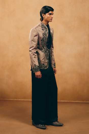 MUKTI AND KAVITH CASA_Black Organza, Chanderi, Satin, Linen Embroidery, Paisley Jacket Palazzo Set _at_Aza_Fashions
