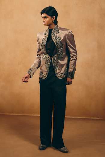 Shop_MUKTI AND KAVITH CASA_Black Organza, Chanderi, Satin, Linen Embroidery, Paisley Jacket Palazzo Set _at_Aza_Fashions
