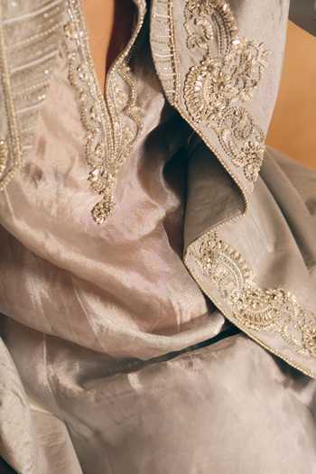 Mukti And Kavith Casa_Silver Tissue, Satin, Linen Embroidery, Zari Floral Border Jacket Kurta Set _Online_at_Aza_Fashions