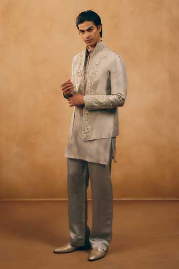 Mukti And Kavith Casa_Silver Tissue, Satin, Linen Embroidery, Zari Floral Border Jacket Kurta Set _at_Aza_Fashions