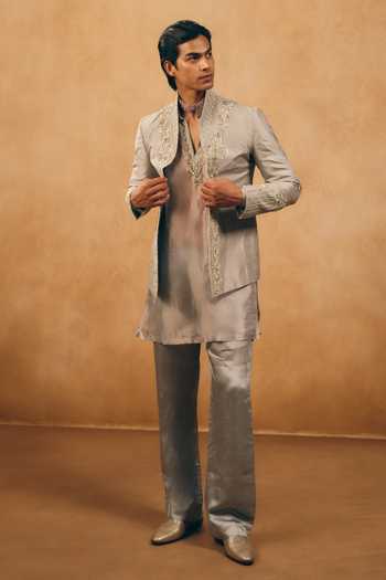 Buy_Mukti And Kavith Casa_Silver Tissue, Satin, Linen Embroidery, Zari Floral Border Jacket Kurta Set _at_Aza_Fashions