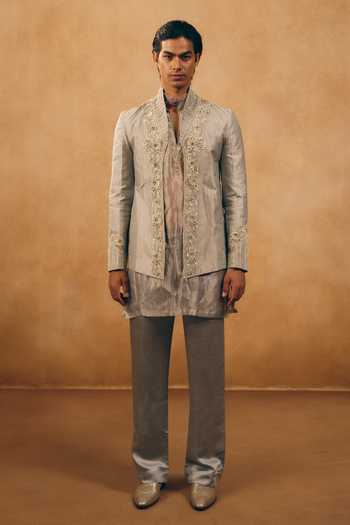 Shop_Mukti And Kavith Casa_Silver Tissue, Satin, Linen Embroidery, Zari Floral Border Jacket Kurta Set _at_Aza_Fashions
