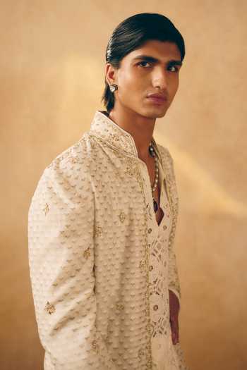 MUKTI AND KAVITH CASA_Ivory Chanderi, Net, Satin, Linen Embroidery Jacket And Kurta Set _Online_at_Aza_Fashions
