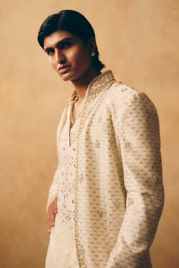Buy_MUKTI AND KAVITH CASA_Ivory Chanderi, Net, Satin, Linen Embroidery Jacket And Kurta Set _Online_at_Aza_Fashions