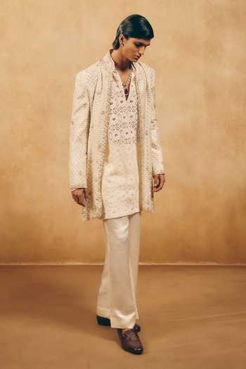 Shop_MUKTI AND KAVITH CASA_Ivory Chanderi, Net, Satin, Linen Embroidery Jacket And Kurta Set _at_Aza_Fashions