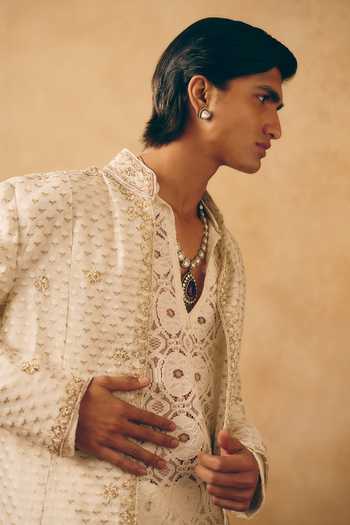 Shop_MUKTI AND KAVITH CASA_Ivory Chanderi, Net, Satin, Linen Embroidery Jacket And Kurta Set _Online_at_Aza_Fashions