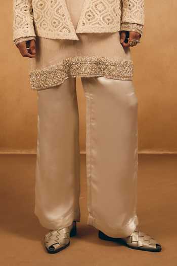 Mukti And Kavith Casa_Off White Satin, Linen Cut Work, Zari Abstract Embroidered Jacket And Kurta Set _Online_at_Aza_Fashions
